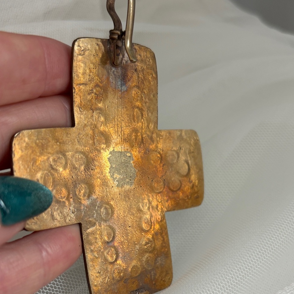 Turquoise and Brass Crystal Cross Pendant - Picture 3 of 7